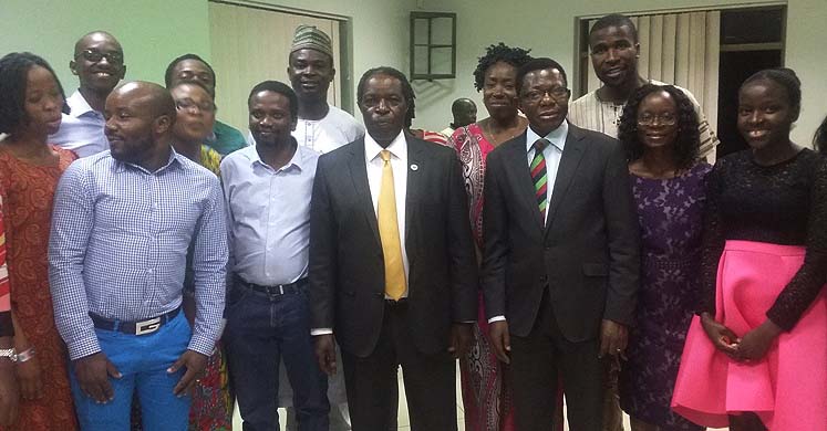 Prof. William Bazeyo (C Yellow Tie) and Prof. Buyinza Mukadasi (3rd R) with some of the 60 CARTA PhD Fellows from 13 African Institutions who completed JAS 1 & 4 at the award dinner, 28th March 2018, Piato Restaurant, Kampala Uganda.