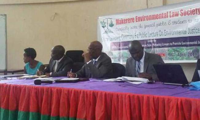 Hon. Justice Kenneth Kakuru (2nd R) flanked by other officials presides over the launch of the Mak Environmental Law Society, 6th April 2018, School of Law, Makerere University, Kampala Uganda