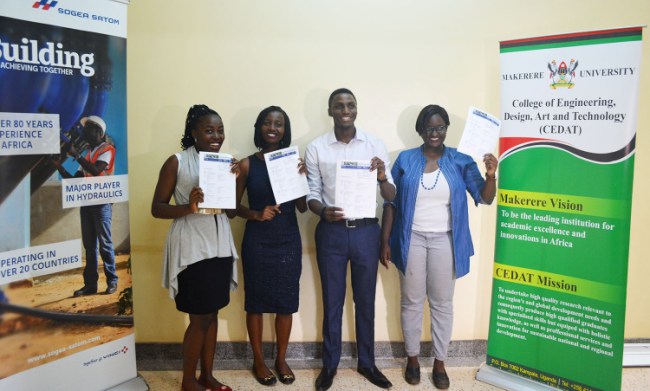 L-R: Nanfuka Justine Geraldine, Yvonne Nalinnya, Douglas Davis Kiggundu and Viola Kirenda, final year students of Civil Engineering, CEDAT, Makerere University, Kampala Uganda, show off their Invitation Letters to THE TRAIL by VINCI Construction Finals due to be held in Paris, France on 17th and 18th May 2018