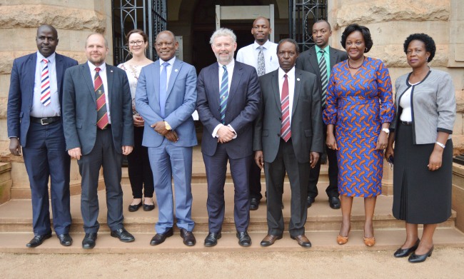 Prof. Cillian Ryan-Pro Vice Chancellor NTU (C), Vice Chancellor-Prof. Barnabas Nawangwe (3rd L), DVCFA-Prof. William Bazeyo (3rd R), Mr Henry Mwebe-Director Legal Affairs (L), Mr. Stephen Williams-NTU, Dean MakSPH-Dr. Rhoda Wanyenze (2nd R), Ms. Martha Muwanguzi-International Office (R), 2nd Row L-R: Ms. Teresa Dymond-NTU, Dr. David Musoke-MakSPH and Mr. Gordon Murangira in a group photo after signing the MoU 4th May 2018, Makerere University, Kampala Uganda.