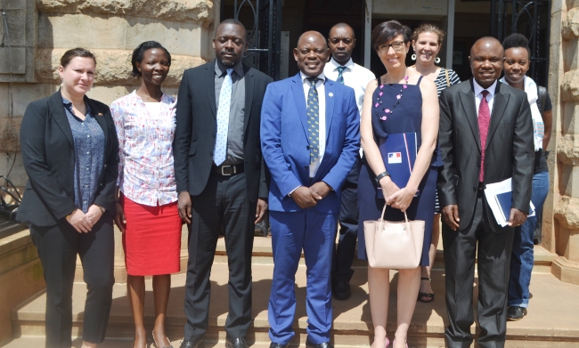 French Ambassador H.E Stéphanie Rivoal (2nd R) and Vice Chancellor Prof. Barnabas Nawangwe (3rd R) pose for a group photo with Principal CoBAMS-Dr. Eria Hisali (R), Deputy US-Mr. Yusuf Kiranda (3rd L), Senior PRO-Ms. Ritah Namisango (2nd L) and French Embassy staff after the meeting on 3rd May 2018, Makerere University, Kampala Uganda.