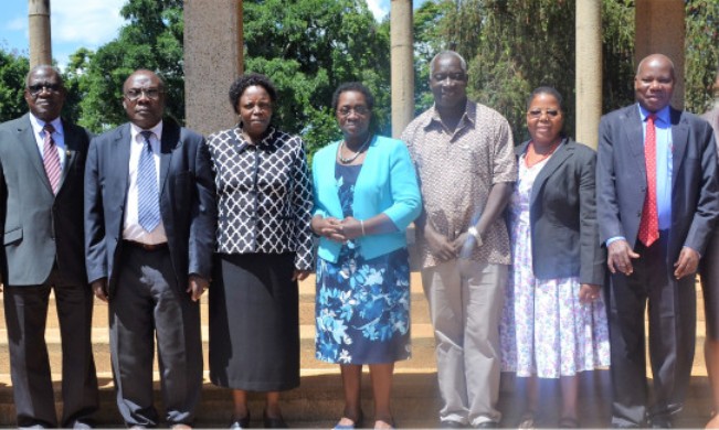 RUFORUM Board Chairperson-Prof. Mabel Imbuga (C) with other members Prof. Eliabu Lugujjo (2nd L), Prof. Mary Okwakol (3rd L) and Executive Secretary Prof. Adipala Ekwamu with other members after the Board Meeting, 12th May 2018, JKUAT, Nairobi Kenya