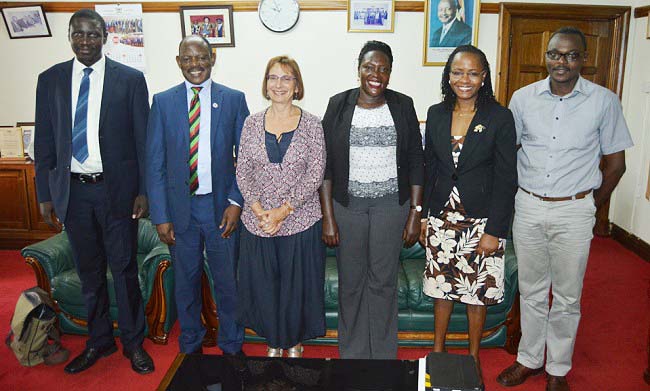 The Vice Chancellor Prof. Barnabas Nawangwe (2nd L) and UC Berkeley's Dr. Robin Marsh (3rd L) flanked by L-R: Dr. Cyprian Misinde, Pathfinder's Ms. Jackline Nakajubi, Dr. Sarah Ssali and Mr. Mfitumukiza David after the meeting on 27th June 2018, Makerere University, Kampala Uganda