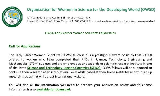 Call For Applications: OWSD Fellowship for Early Career Women Scientists