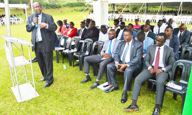 Mr Alfred Masikye Namoah, the Academic Registrar addressing Freshers  on 6th August 2018 at Freedom Square.