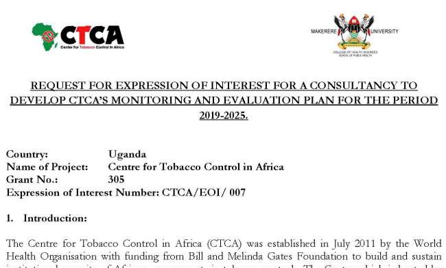 Request for Expression of Interest: Centre for Tobacco Control in Africa (CTCA) Consultancy to develop its M&E 2019 – 2025