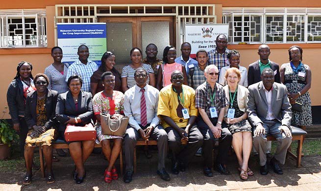 The Director-Dr. Richard Edema (Centre Yellow Shirt) with CAES and MaRCCI staff pose for a group photo with Cohort VI students during the orientation ceremony on 10th September 2018, MUARIK, CAES, Makerere University, Wakiso Uganda.