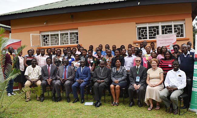 Front 2nd L-R: Prof. Albert Chiteka, Dr. Richard Edema, Dr. Yona Baguma, Dr. Ernest Okello Ogwang, Dr. Gorettie Nabanoga, Prof. Paul Gibson, Mrs. Pauline Gibson and students pose for a group photo with staff on the second day of orientation, 11th September 2018, MUARIK, CAES, Makerere University, Wakiso Uganda