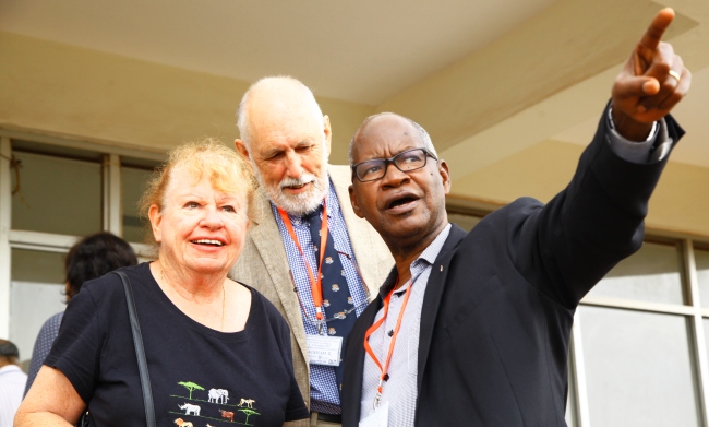 Prof. Elly Sabiiti (R) shows part of the Western Sydney University delegation some of the sights as seen from the School of Food Technology, Nutrition and Bioengineering Conference Hall on 30th June 2018, Makerere University, Kampala Uganda