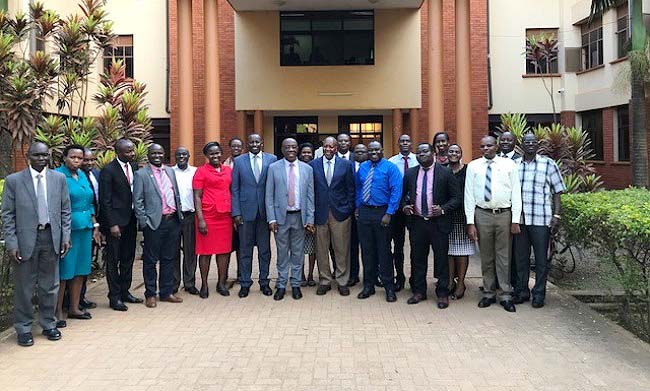 Vice Chairman of the PPP Committee-Hon. Richard Kaijuka (Front: 4th R) and the Principal CEDAT-Prof. Henry Alinaitwe (Front: 5th R) pose for a group photo with the students who successfully completed the PPP Short Course, 30th August 2018, CEDAT, Makerere University, Kampala Uganda
