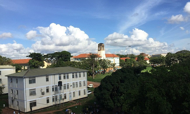 The School of Social Sciences (foreground) and Main Building (background) as seen from Senate Building, Makerere University, Kampala Uganda