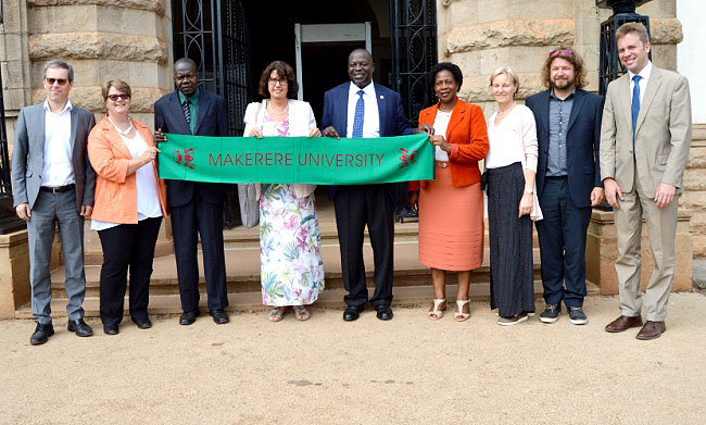 L-R: Prof. Dr. Ulrich Kropač, Simone Rieger, DVCAA-Dr. Ernest Okello Ogwang, KU President-Prof. Dr. Gabriele Gien, Prof. Tonny Oyana and Ms. Martha Muwanguzi (all holding the Mak scarf earlier given to the KU President), Prof. Dr. Klaudia Schultheis, Thomas Sporer and Dr. Christian Klenk after the courtesy call on 10th October 2018, Makerere University, Kampala Uganda
