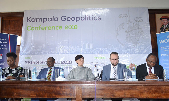 The Ambassador of France to Uganda, H.E Stéphanie Rivoal (C) and Vice Chancellor, Prof. Barnabas Nawangwe (2nd L) flanked by L-R: Ms. Charity Atukunda-AFK, Mr. Mathias Kamp-KAS Uganda and Dr. Maximu Houinato-UN Women-Uganda at the Kampala Geopolitics Conference Media Briefing on 5th October 2018, Makerere University, Kampala Uganda