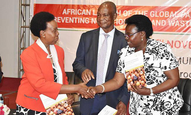 State Minister for Northern Uganda and Zombo Women MP-Hon. Grace Freedom Kwiyucwiny (R) shakes hands with Former AU Commisioner H.E. Rhoda Tumusiime (L) as Former NPA Chairperson-Dr. Wilberforce Kisamba Mugerwa (C) witnesses after the New Policy Brief Launch on Day2 of the NARO-Mak Conference, 13th November 2018, Speke Resort Munyonyo, Kampala Uganda