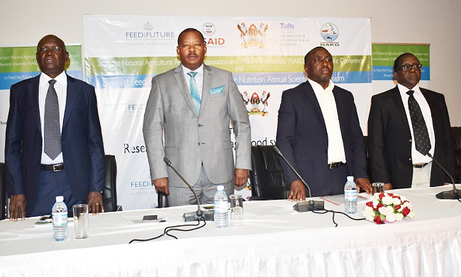 The State Minister for Agriculture Hon. Christopher Kibazanga (2nd R) with L-R: Chairman Board of Directors-NARO, Prof. Joseph Obua, The Director General NARO-Dr. Ambrose Agona and Principal, College of Veterinary Medicine, Animal Resources and Biosecurity-Prof. John David Kabasa at the closing ceremony of the 2nd NARO-Mak Conference, 15th November 2018, Speke Resort Munyonyo, Kampala Uganda