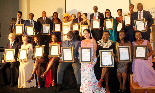 The Deputy Vice Chancellor (Finance and Administration), Prof. William Bazeyo (Top 2nd Left) poses for a group photo with other CEO Global winners at the Dinner Gala held on 27th November 2018, Johannesburg, South Africa. Prof. Bazeyo scooped the Education and Training Continental Award.