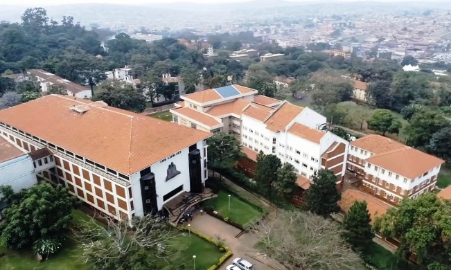 An aerial photo of the Main Library (Left) and College of Business and Management Sciences (CoBAMS)-Right, Makerere University, Kampala Uganda