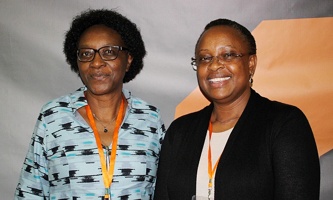 Dr. Margaret Mangheni (Left) and Dr. Esther Njuguna (Right) pose for a photo after the First Gender-responsive Plant Breeding Course Tailored for ICRISAT, 1st December 2018, Forest Cottages, Bukoto, Kampala Uganda