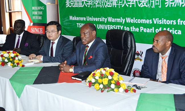 L-R: Ambassador Henry Mayega, Prof. Chen Jianguo, Vice Chancellor-Prof. Barnabas Nawangwe and University Secretary-Mr. Charles Barugahare during the Tsinghua delegation's visit on18th December 2018, Makerere University, Kampala Uganda