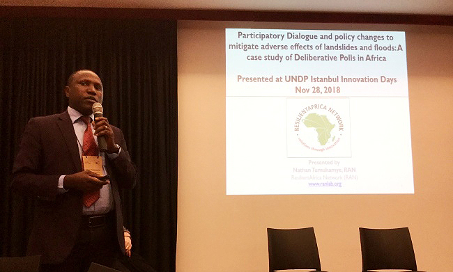 Nathan Tumuhamye, Director, Eastern Africa Resilience Innovation Lab makes RAN's presentation at the UNDP Instanbul Innovation Days on 28th November 2018