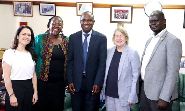 The Acting Vice Chancellor-Dr. Eria Hisali (C) with Prof. Christine Chinkin-Founding Director, Centre for Women, Peace and Security, LSE (2nd R), Ag. Principal CHUSS-Dr. Josephine Ahikire (2nd L), Zoe Gillard-Manager, Centre for Women, Peace and Security, LSE (L) and another official during the courtesy call on the Vice Chancellor, 25th January 2019, Makerere University, Kampala Uganda