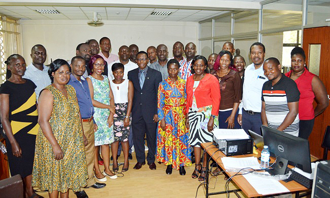 The Director DRGT-Prof. Buyinza Mukadasi (Centre) and the lead Facilitator-Prof. Leonard Atuhaire (3rd R) with PhD Students at the launch of the Advanced Statistical Data Analysis Course, 7th January 2019, Main Library, Makerere University, Kampala Uganda