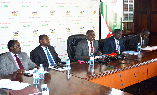 The Vice Chancellor-Prof. Barnabas Nawangwe (C) flanked by L-R: DVCFA-Prof. William Bazeyo, DVCAA-Dr. Umar Kakumba, Deputy University Secretary-Mr. Yusuf Kiranda and Academic Registrar-Mr. Alfred Namoah Masikye at the Press Briefing on 3rd January 2019, Makerere University, Kampala Uganda.