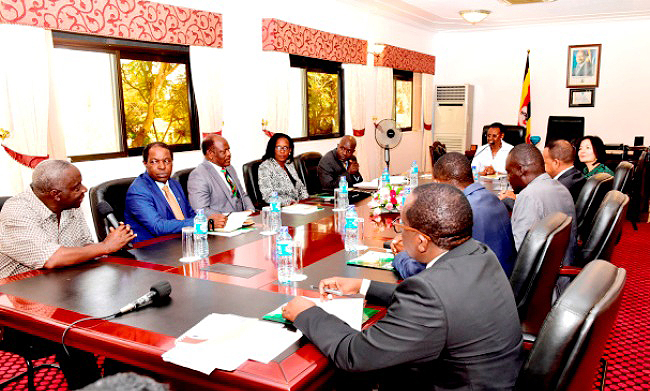 The First Lady and Minister of Education and Sports, Hon. Janet Kataaha Museveni meets the President and CEO of Mastercard Foundation, Reeta Roy (Front Right Flank) and the Makerere Team (Left Flank) led by Chairperson Council-Mrs. Lorna Magara, Vice Chancellor-Prof. Barnabas Nawangwe, DVCFA-Prof. William Bazeyo and RUFORUM Executive Secretary-Prof. Adipala Ekwamu on 4th January 2019, Kampala Uganda