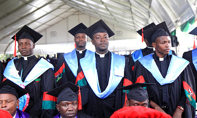 Men of the cloth: Masters Graduands from the College of Humanities and Social Sciences (CHUSS) during the fourth session of the 69th Graduation Ceremony, 18th January 2019, Makerere University, Kampala Uganda