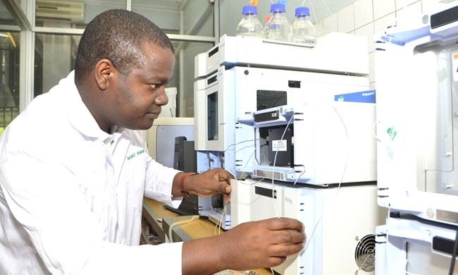 Noble Banadda in his lab at Makerere University in Kampala; he returned to Uganda after his studies.Credit: Makerere Public Relations Office