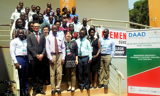 The in-Country DAAD Office Representative-Mr. Steven Heimlich (2nd Left) and Member of the School of Health Sciences Research and Ethics Committee-Dr. Juliet Kiguli (2nd Right) with some of the over 40 participants at the Mak-Heidelberg University DAAD Alumni Event training on GHRP, 18th February 2019, CHS, Makerere University, Kampala Uganda