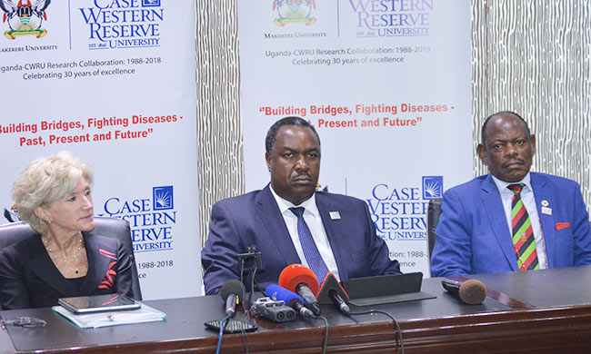 L-R Prof. Barbara R. Snyder - President Case Western University, Hon. Dr. Elioda Tumwesigye - Minister of Science, Technology and Innovation, and Prof. Barnabas Nawangwe - Vice Chancellor, Makerere University