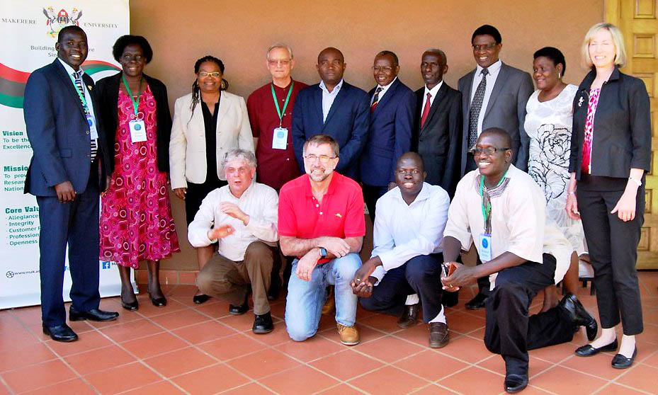 The Chair MaRCCI Advisory Board, Dr. Yona Baguma (Rear 4th Right) and Principal CAES, Prof. Bernard Bashaasha (Rear 5th Right) with MaRCCI Director, Dr. Edema Richard (Front Right), Members of the Advisory Board and other participants after a Board Session on 13th March 2019, Speke Resort Munyonyo, Kampala Uganda