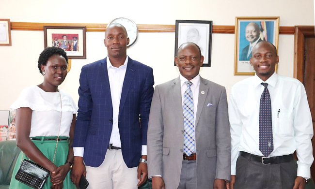 The Vice Chancellor, Prof. Barnabas Nawangwe (2nd Right) with MakSPH Lecturer-Dr. David Musoke (Right) and other members of the 3rd IFEH and 16th MUEHSA Conference organising committee during the courtesy call on 15th March 2019, Makerere University, Kampala Uganda