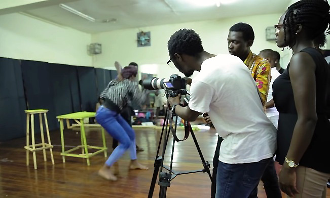 Students of Performing Arts and Film (PAF), College of Humanities and Social Sciences (CHUSS), Makerere University, Kampala Uganda rehearse and record a drama skit