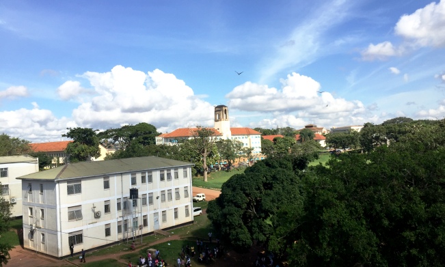 An elevated shot of the School of Social Sciences, CHUSS and Main Building as seen from the Senate Building, Makerere University, Kampala Uganda