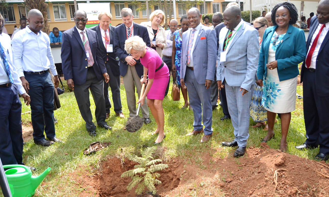 The President CWRU-HE. Barbara R. Snyder (Centre with spade) plants a tree marking 30 years of collaboration with MakCHS as to her Right; Vice Chancellor-Prof. Barnabas Nawangwe, Prof. Charles Ibingira, Prof. Rhoda Wanyenze, Prof. Tonny Oyana and other guests witness on 25th March 2019, CHS, Mulago Campus, Makerere University, Kampala Uganda, East Africa.