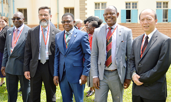 R-L: Dr. Bailian Li – Senior Vice Provost for Global Engagement, Vice Chancellor-Prof. Barnabas Nawangwe, Director DRGT-Prof. Buyinza Mukadasi, José Cisneros-NC State and James Kiwanuka Tondo-NC State pose for a group photograph on the opening day of the Mak-NC State Conference on 11th March 2019, Makerere University, Kampala Uganda