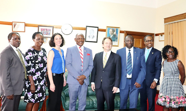 The Vice Chancellor-Prof. Barnabas Nawangwe (4th L) and Yale University’s VP for Global Strategy-Prof. Pericles Lewis (4th R) with DVCFA-Prof. William Bazeyo (L), Principal CHS-Prof. Charles Ibingira (3rd R), Director MUYU Program-Prof. Harriet Mayanja-Kizza (2nd L) and staff from CHS and Yale at the meeting on 13th March 2019, Makerere University, Kampala Uganda