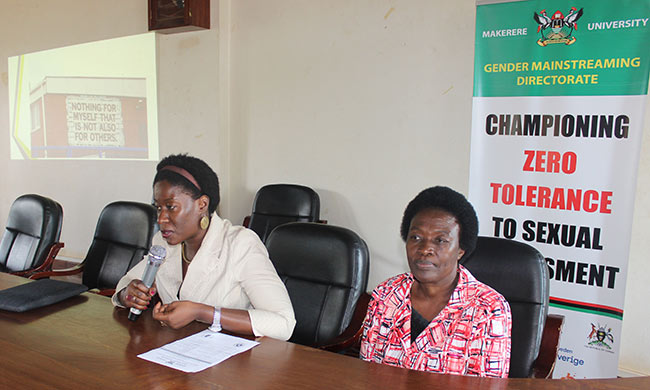 Chairperson of FIDA Uganda-Mrs. Lydia Namuli Lubega (Left) giving her remarks. Right is Deputy Director, Ms. Frances Nyachwo