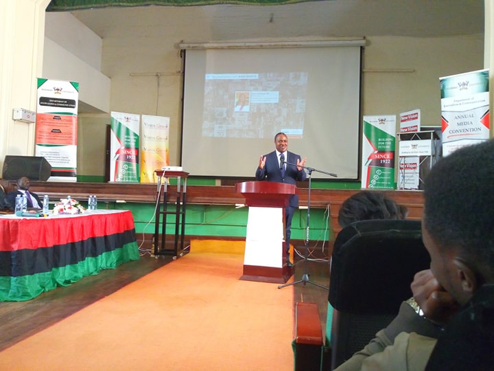 The Minister of Science, Technology, and Innovations Hon. EliodaTumwesigye speaking to journalists, communication specialists, scholars, and scientific researchers at Makerere University Annual Media Convention on 25th April 2019