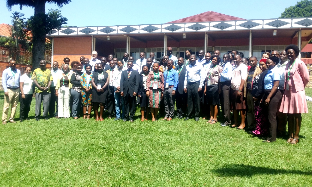 The Director DRGT, Prof. Buyinza Mukadasi (Centre Mak Necktie) and Executive Secretary RUFORUM, Prof. Adipala Ekwamu (3rd L) with grant recipients at the launch of the multi-institutional research projects funded by the African Union, 6th March 2019, Imperial Botanical Beach Hotel, Entebbe Uganda