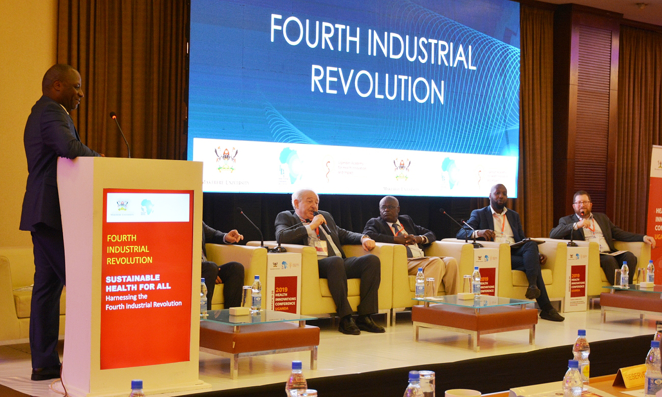 L-R: The IDI Executive Director-Dr. Andrew Kambugu, Mr. Michael Tartakovsky, Prof. Elly Katabira, Mr. Kwame Rugunda and Mr. Steve Ollis during the Keynote session of the Health Innovation Conference, 19th March 2019, Kampala Serena Hotel.