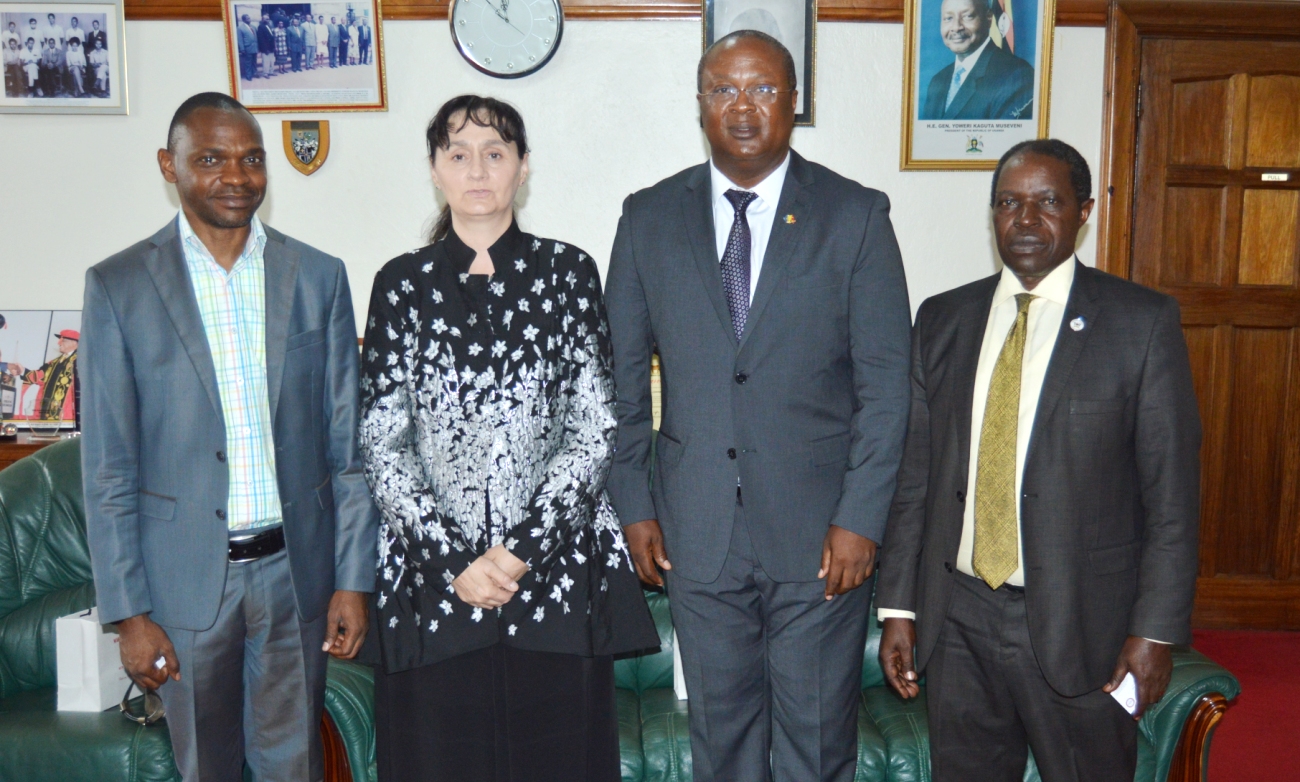 The Ambassador of Romania to Uganda, H.E. Julia Pataki (2nd Left) and the Romanian Honorary Consul, H.E. Murungi Godwin (2nd Right) with the DVCAA-Dr. Umar Kakumba (Left) and DVCFA-Prof. William Bazeyo (Right) after the courtesy call on 26th April 2019, Makerere University, Kampala Uganda. H.E. Pataki offered to broker collaborations between the Uganda Vice Chancellor's Forum to National Council of Rectors.