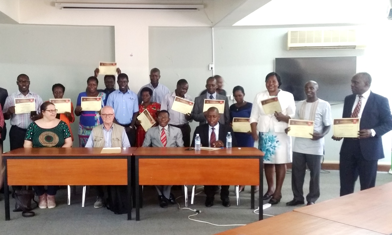 Front Row: The Director, DRGT-Prof. Buyinza Mukadasi (2nd Right), Prof. Leif Abrahamsson-ISP Uppsala (2nd Left), Director QAD-Dr. Vincent Ssembatya (Right) and Therese Rantakokko-ISP (Left) with Senior Faculty that successfully completed training in Graduate Research Supervision and Mentorship, 15th April 2019, Makerere University, Kampala Uganda