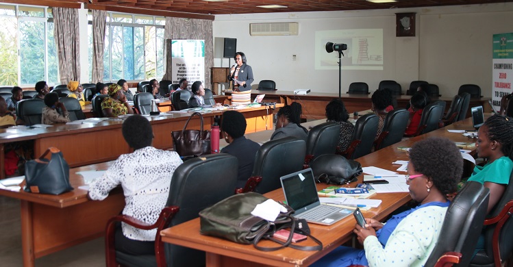 Dr. Rhoda Wanyenze speaking to participants during the Gender and Leadership training held on 7th May 2019 in the Senate Conference Hall.