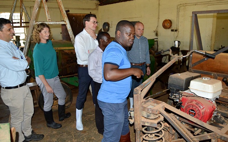 Prof. Noble Banadda (Foreground) shows the delegation from Belgium Embassy around the Mechanical Workshop at MUARIK, Makerere University on 13th May 2019. In a white shirt is First Secretary and Deputy Head of Cooperation at the Embassy of Belgium in Uganda, Mr. Alexandre Brecx