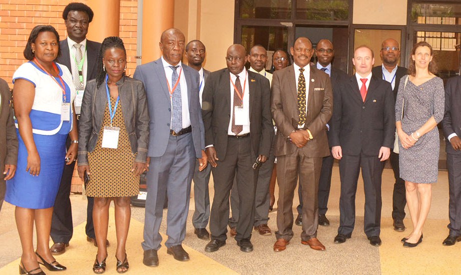 Front Row: The Vice Chancellor, Prof. Barnabas Nawangwe (3rd Right) and Principal CEDAT-Prof. Henry Alinaitwe (3rd Left) with some members of EACREEE's Board of Directors after the inaugural meeting on 28th February 2019, CEDAT, Makerere University, Kampala Uganda