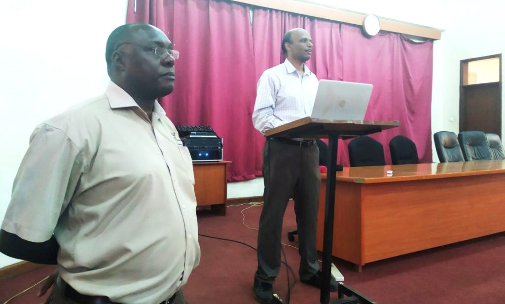 Prof. Sridhar Bhaskar from Texas Southern University (Right) delivers his Public Lecture on Geospatial Analysis on 23rd April 2019, CEDAT Conference Hall, Makerere University, Kampala, Uganda. Left is Assoc. Prof. Anthony Gidudu, Head-Department of Geomatics and Land Management