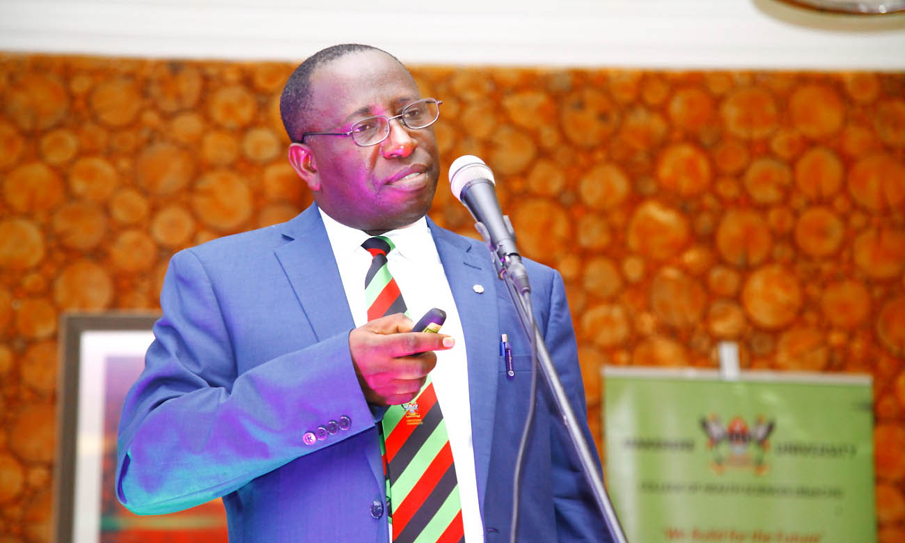 The Principal CHS, Prof. Charles Ibingira makes his presentation during the Fundraising Dinner for the 1st Makerere University International NCD Symposium 2018. CHS has been awarded the HEPI-SHSSU Grant by NIH.